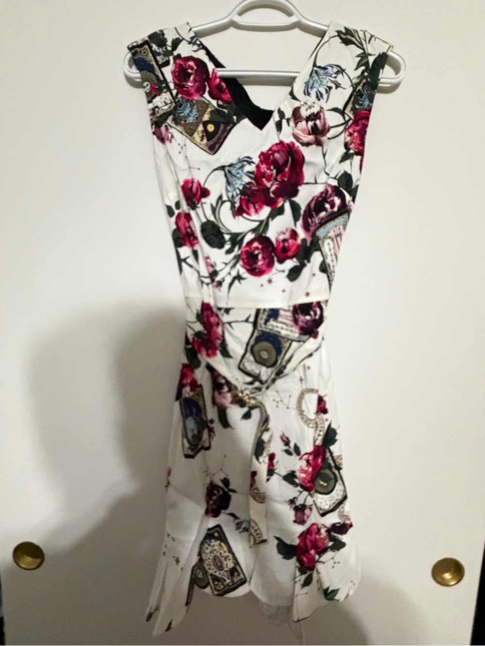 Roberto Cavalli White Midi Dress with Pink Rose & Green Foliage Print size 38